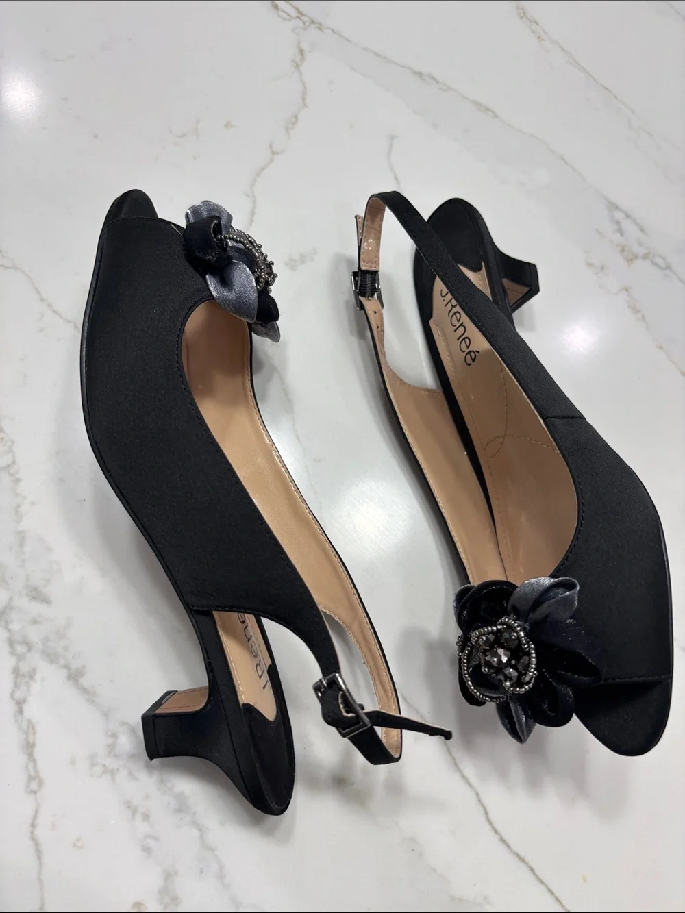 J.Renee Black Satin Slingback Heel with Floral Jewel Accent